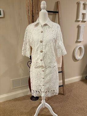 White Lace Button-Front Two-Piece Set